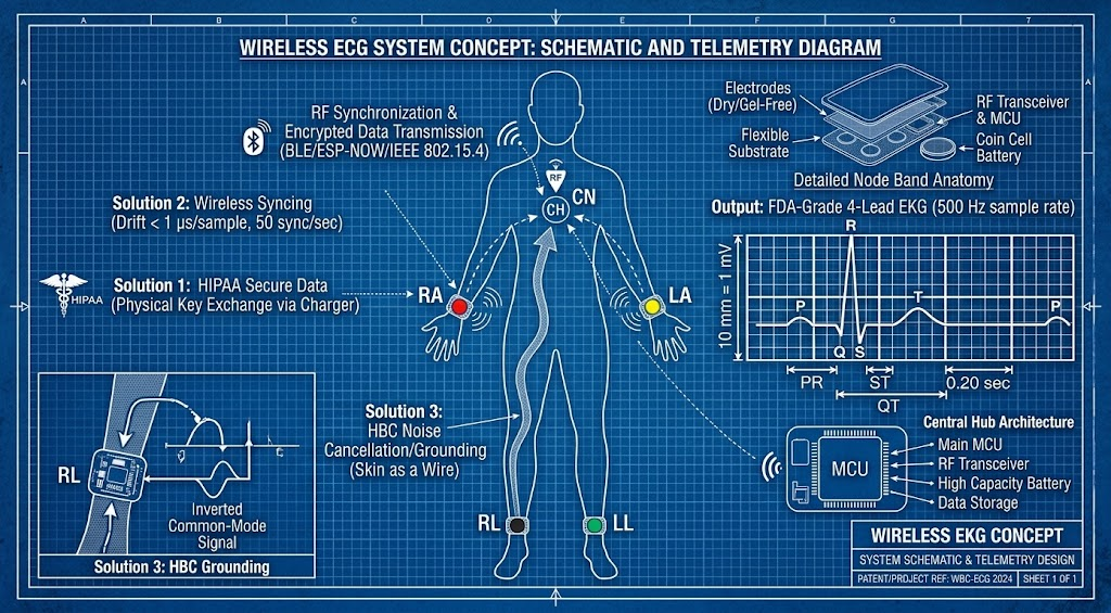 A diagram of the four-node wireless ECG, showing the limb-worn sensor bands and the hub worn by the patient